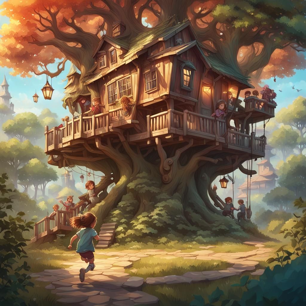 Girl's Unique Treehouse: Hyperdetailed Digital Art