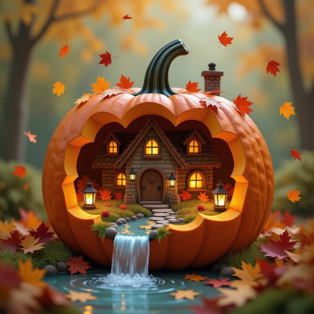 Cozy Autumn Village Inside Pumpkin, Paper Art Style