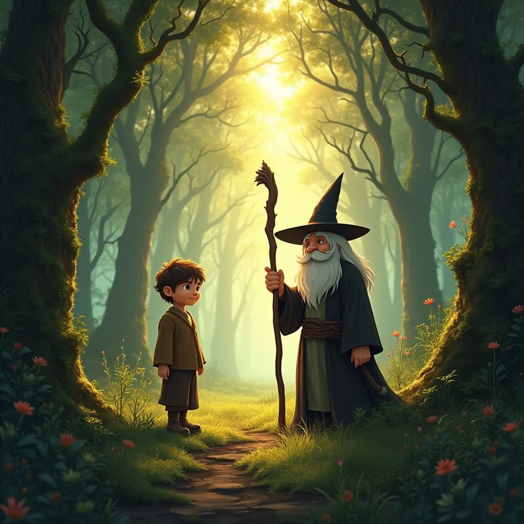 Hobbit and Wizard in Sun-Dappled Ancient Forest