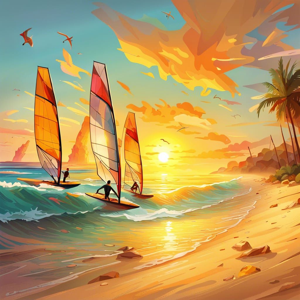 Golden Beach Sunset with Windsurfers: Splash Art
