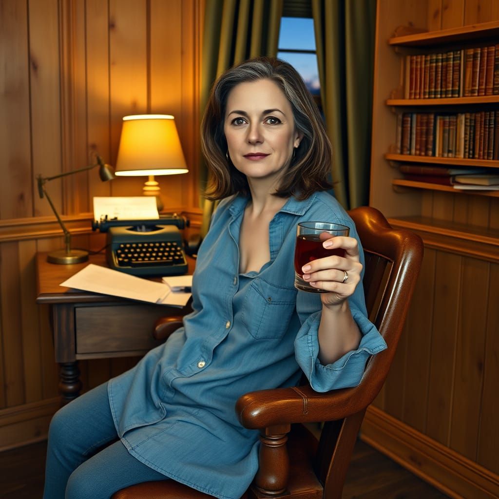 Woman in Introspective Repose with Typewriter and Whiskey