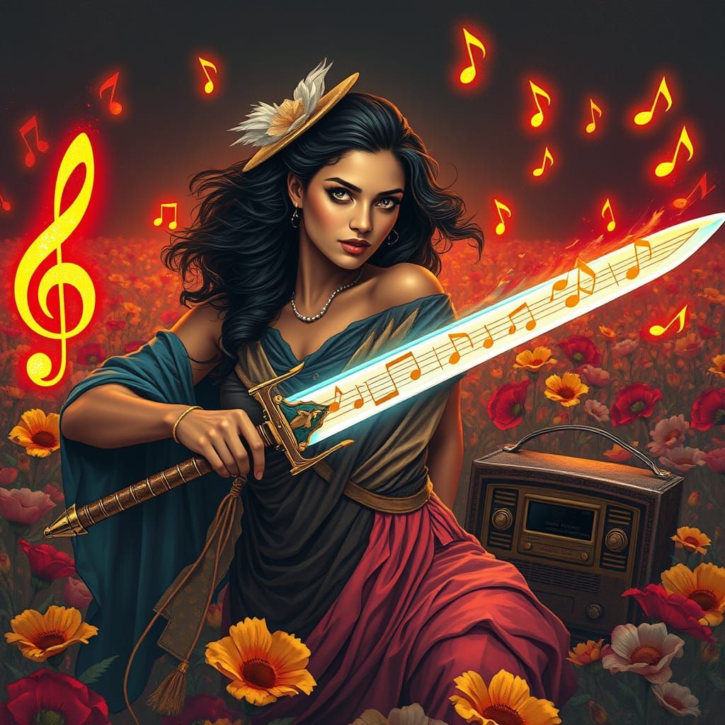 Glowing Melody Warrior in a Vibrant Flower Field
