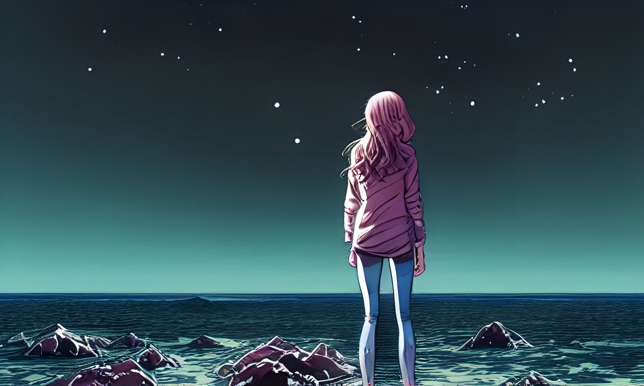 Girl at Night Ocean in Watercolor Style