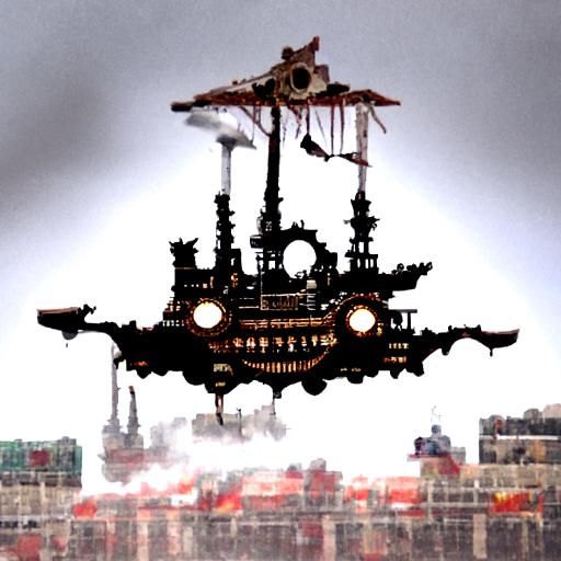 Flying Pirate Ship Over Steampunk Floating City