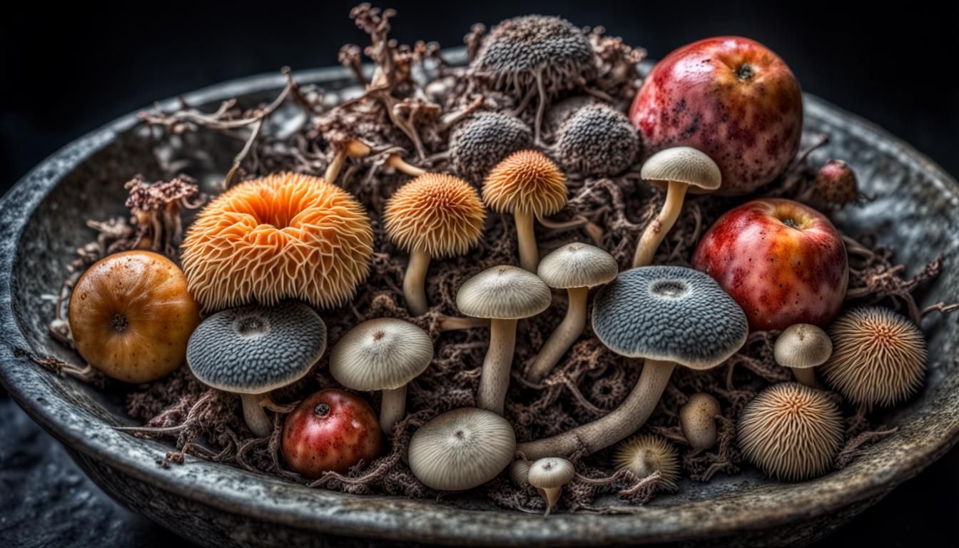 Cosmic Hyperrealistic Bowl of Decaying Fruit