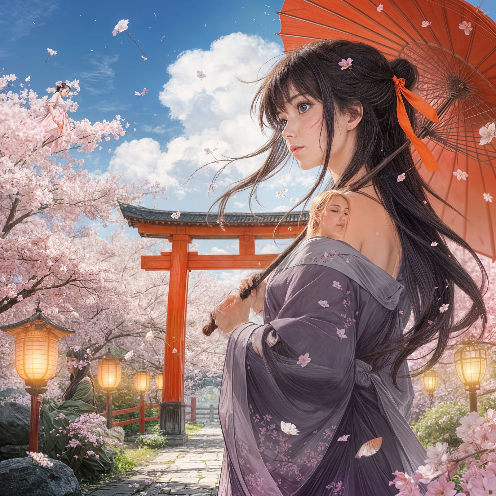 Anime Woman with Parasol in Japanese Garden