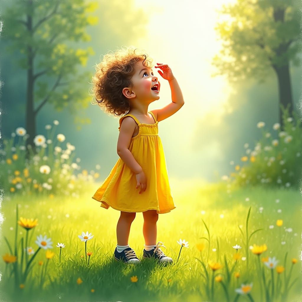 Child Gazing at Sun in Impressionist Meadow