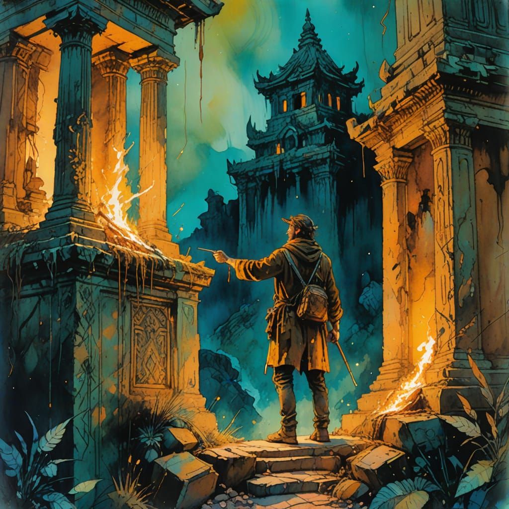 Impressionist Temple Explorer with Torch in Gouache
