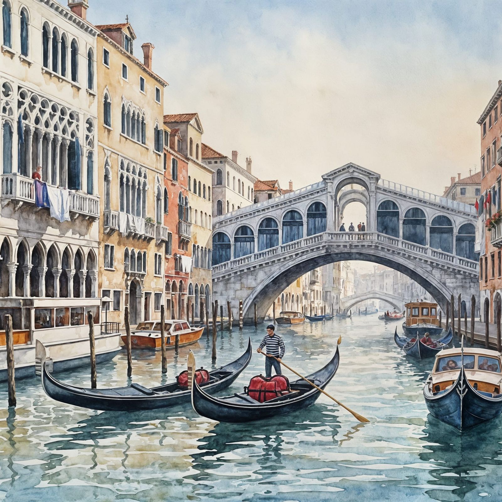 Misty Venetian Morning Watercolor: Gondolas on Grand Canal