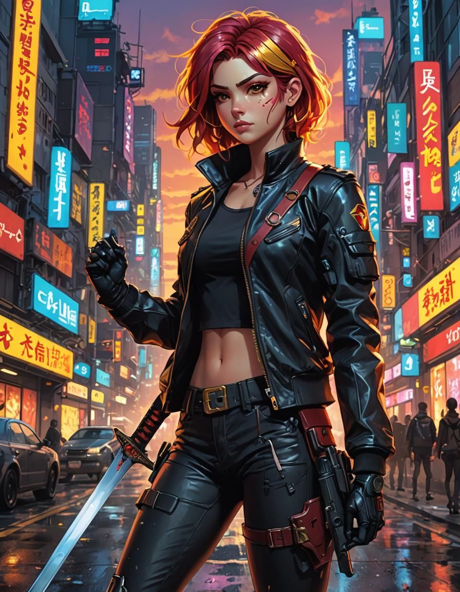 Sunset Shimmer with Sword in Cyberpunk Anime Style