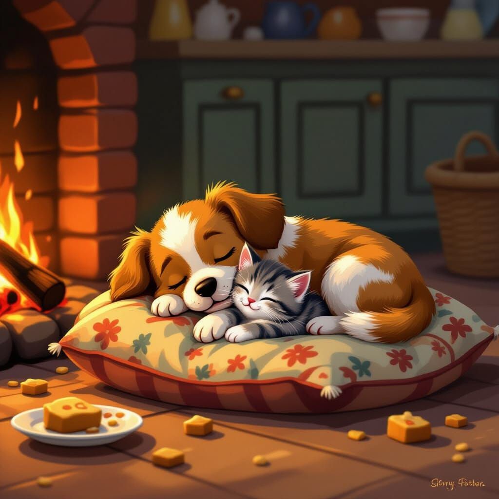 Adorable Dog and Kitten Sleep by Fireplace