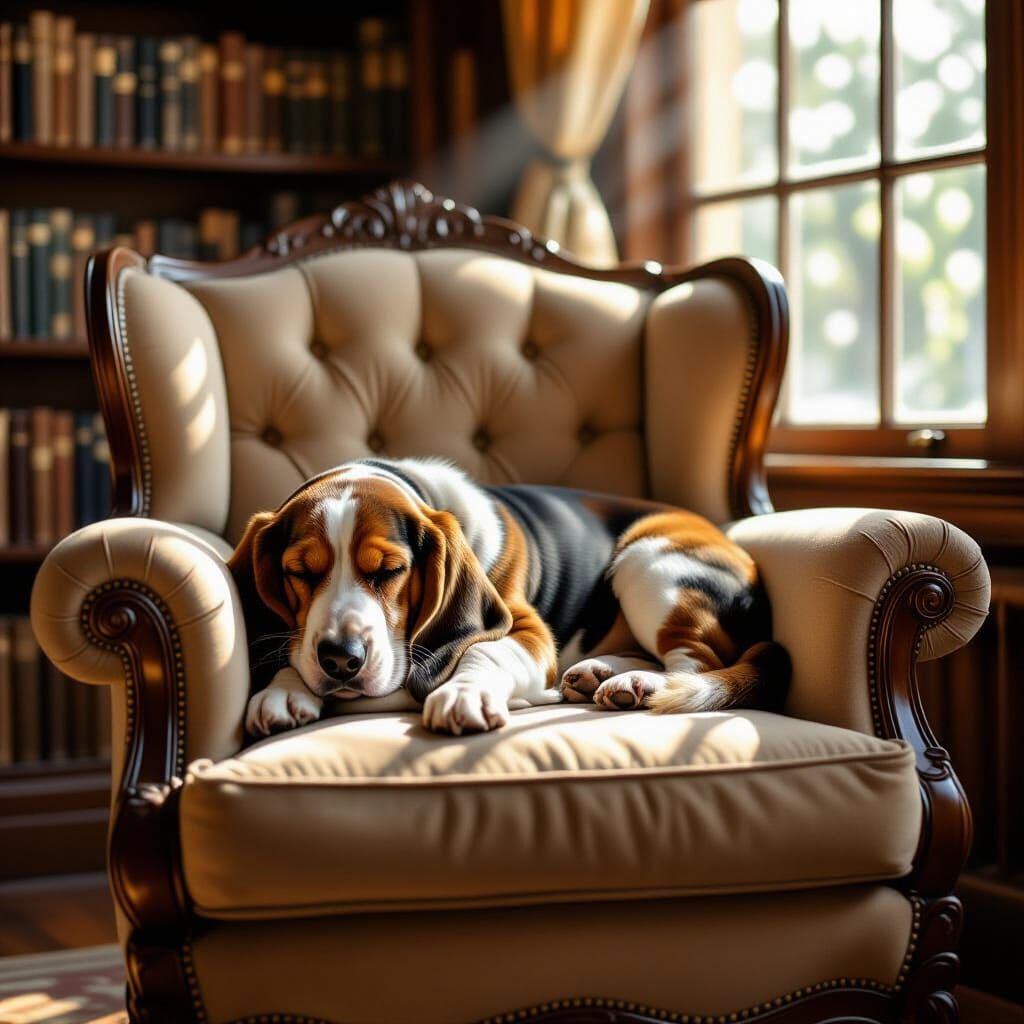 Sleepy Basset Hound Relaxing in Sunlit Library