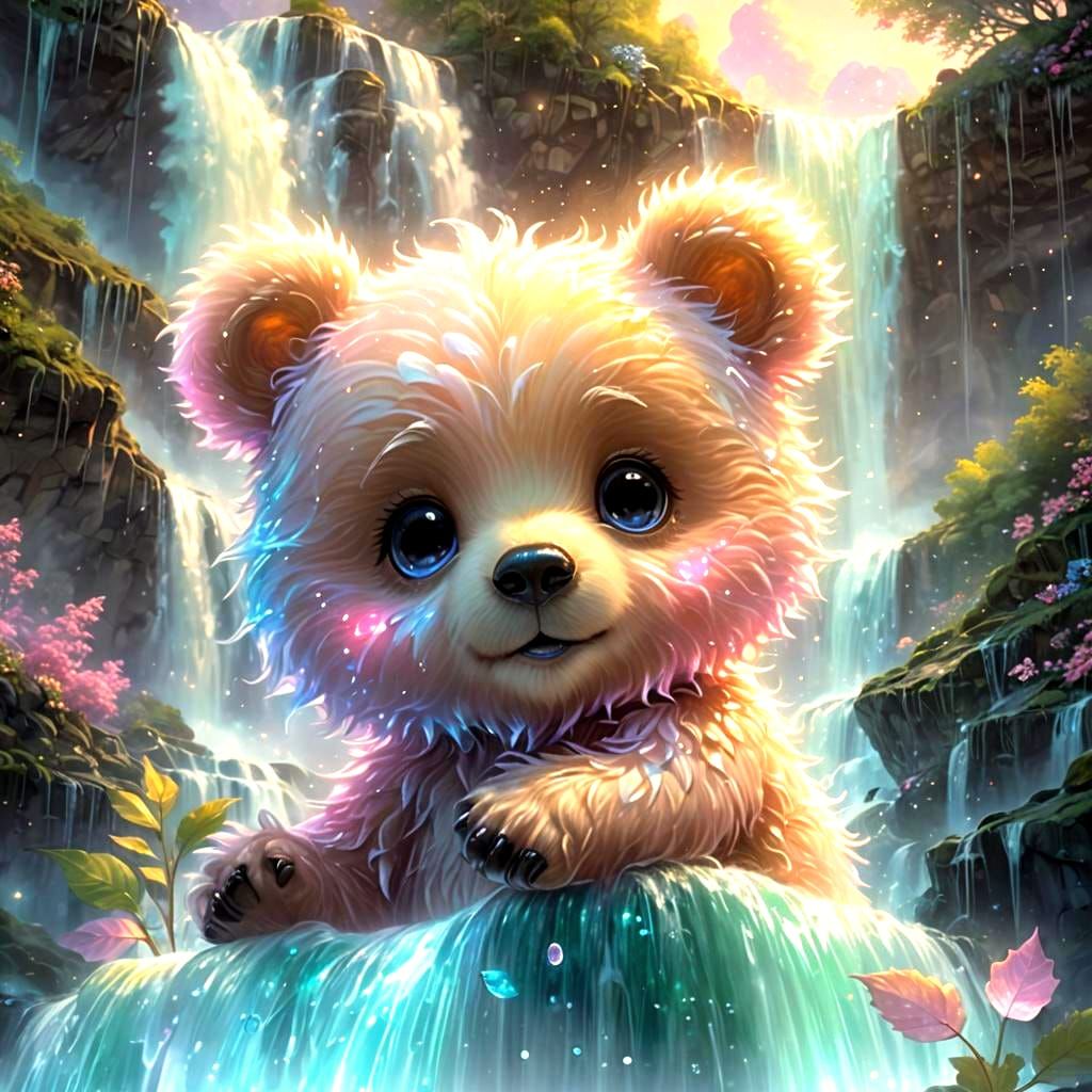 Chibi Bear Constellation Over Bioluminescent Waterfall