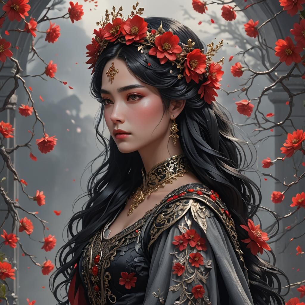 Woman with Raven Hair and Red Flower Crown