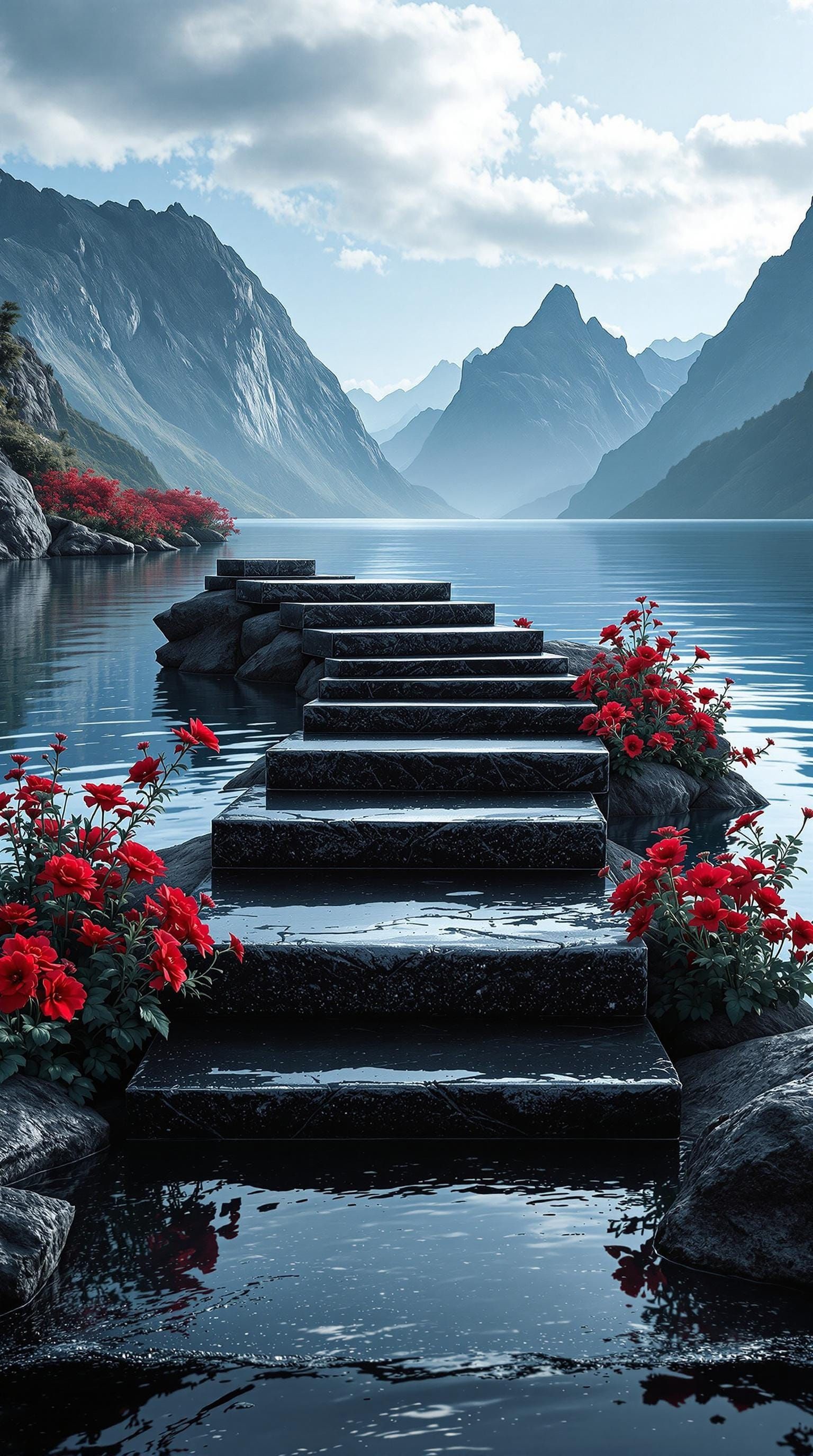Surrealistic Black Stone Steps Descend to Tranquil Water's E...