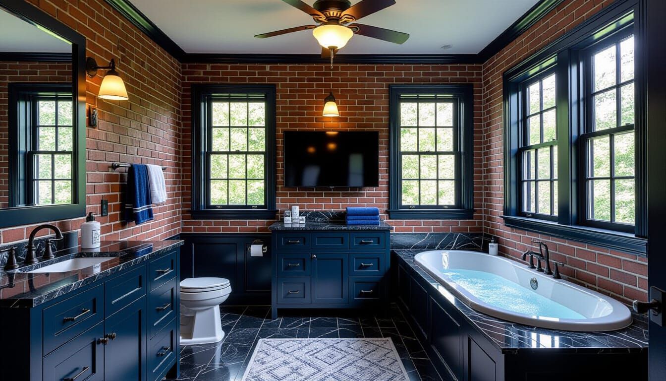 Victorian Bathroom Design with Dark Blue and Brick Accents