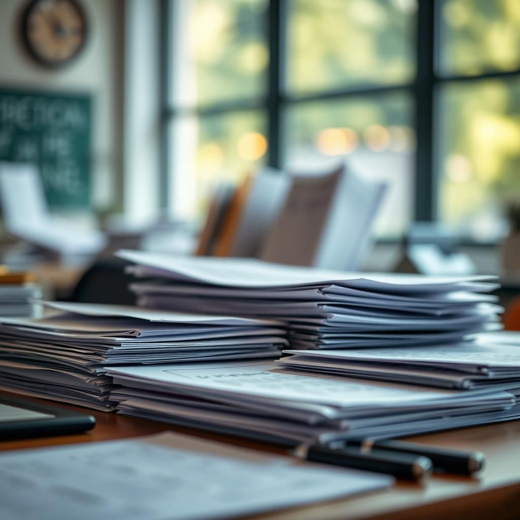 Desk Cluttered with Papers in Sharp Focus