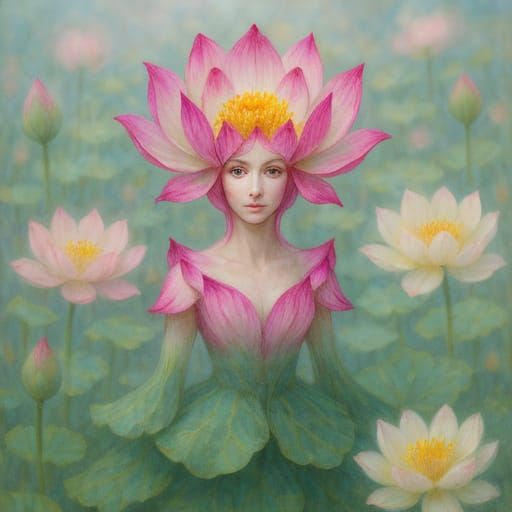Ethereal Lotus Flower Woman in Watercolour Style