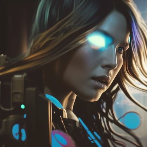 Cyberpunk Girl with Glowing Hair in Neon City