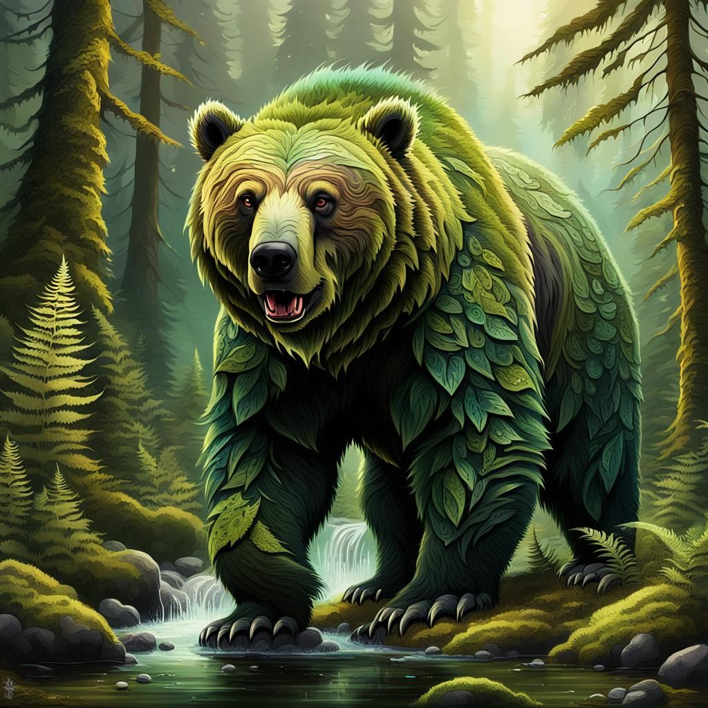 Moss Covered Grizzly Bear with Mohawk