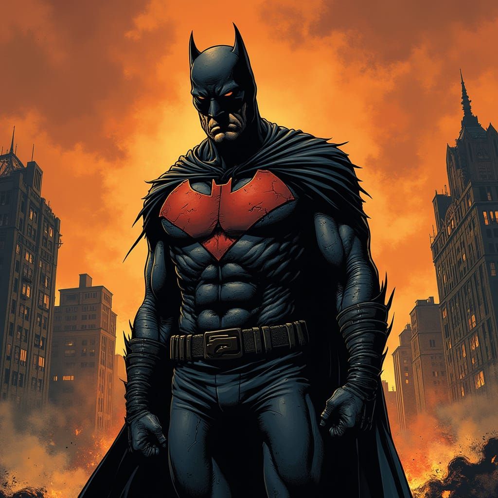 Grizzled Hero Silhouetted Against Burning Cityscape