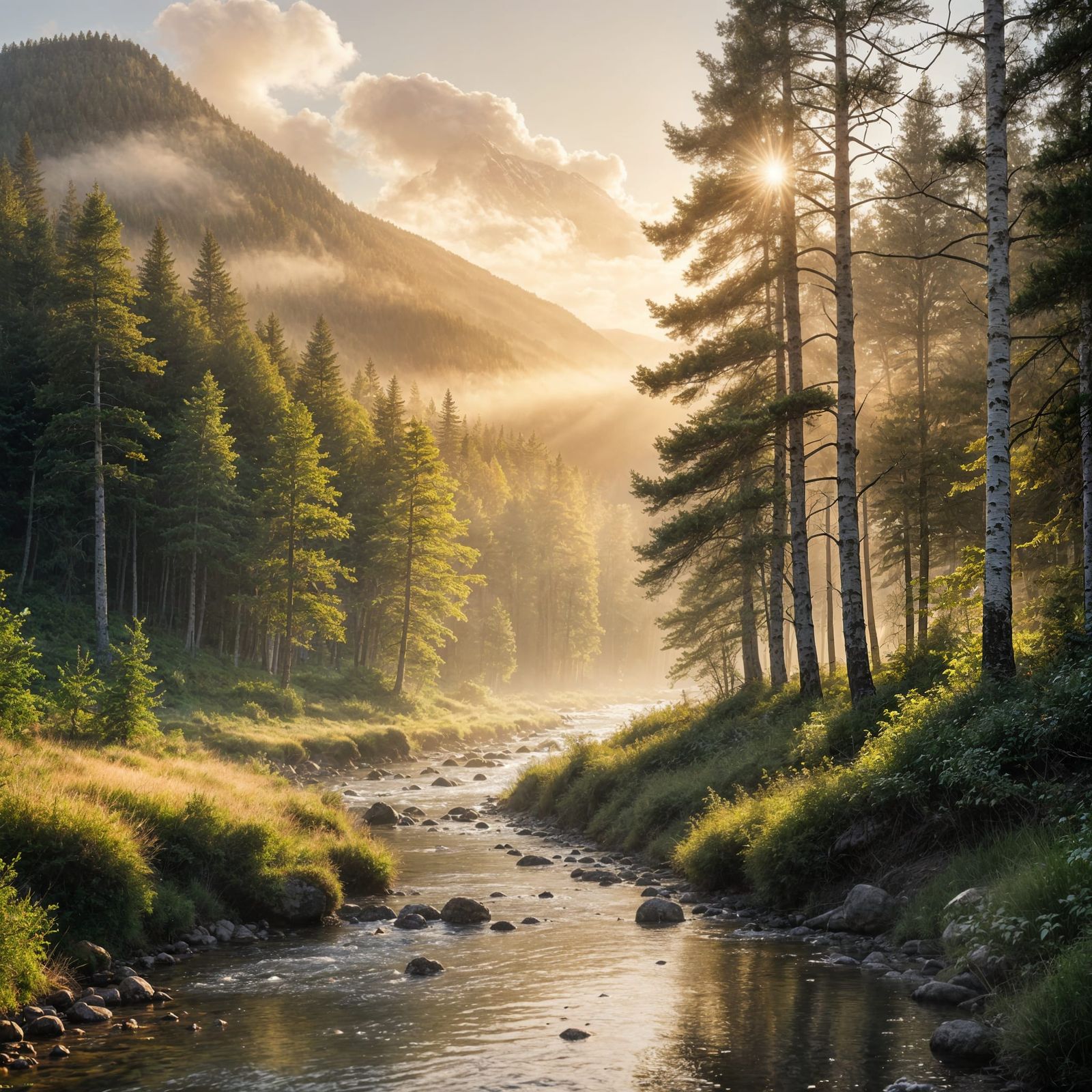 Serene Valley Stream in a Sunlit Forest