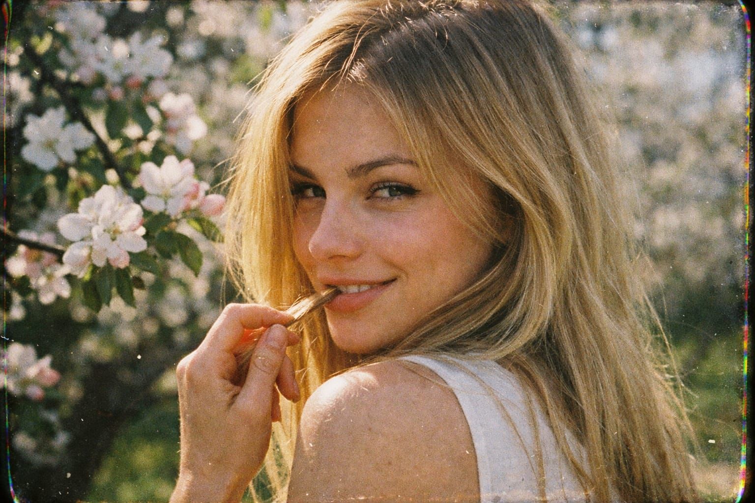 Young Woman in Morning Sunlight with Blooming Apple Tree