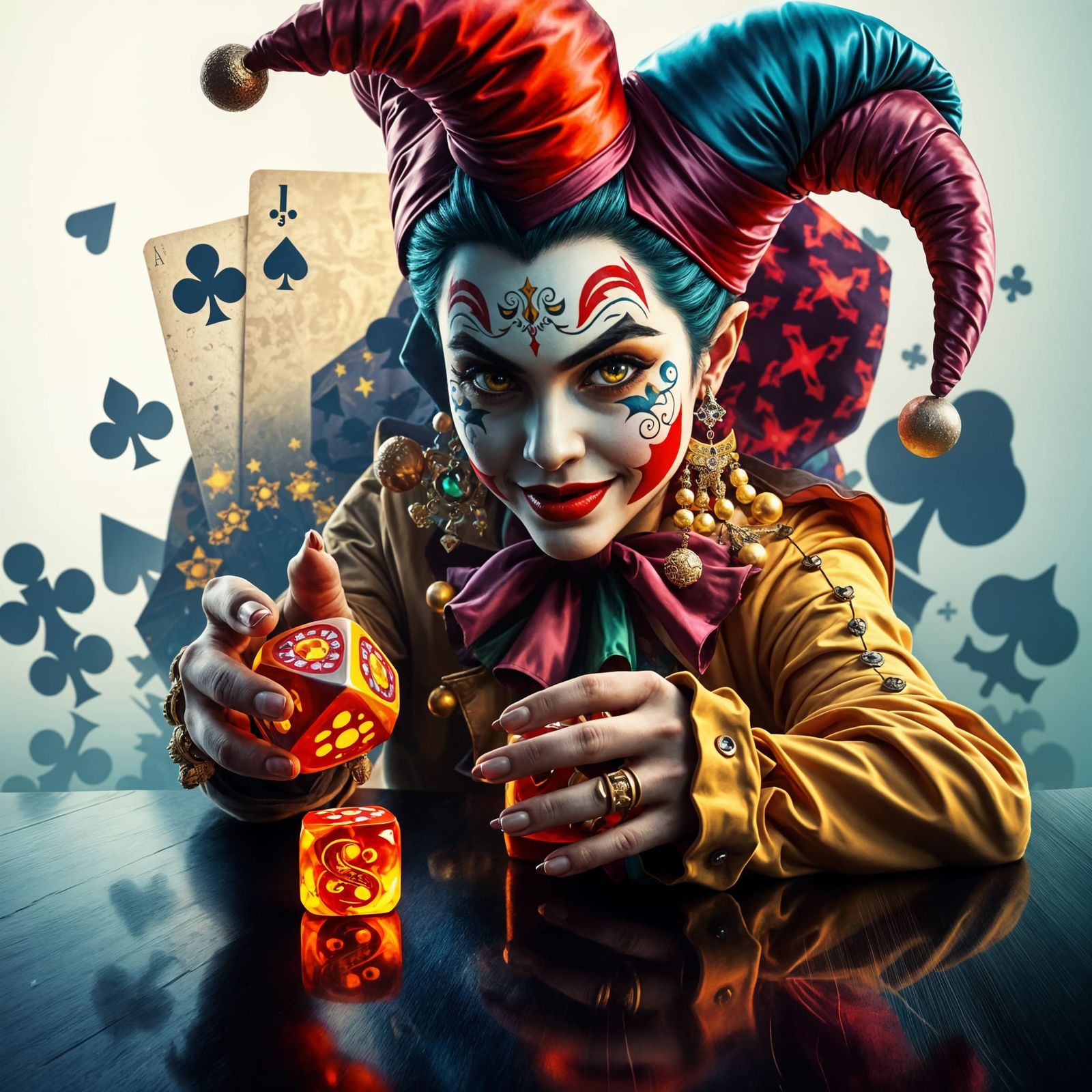Vibrant Jester Girl Throws Gemstone Dice in a Dreamlike Expa...