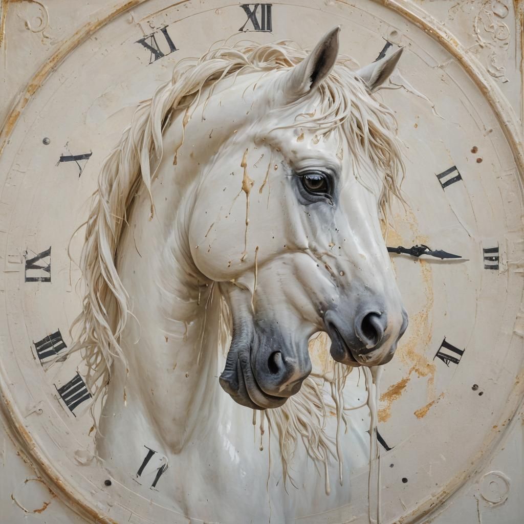 Surreal White Horse with Melting Clocks, Acrylic Painting