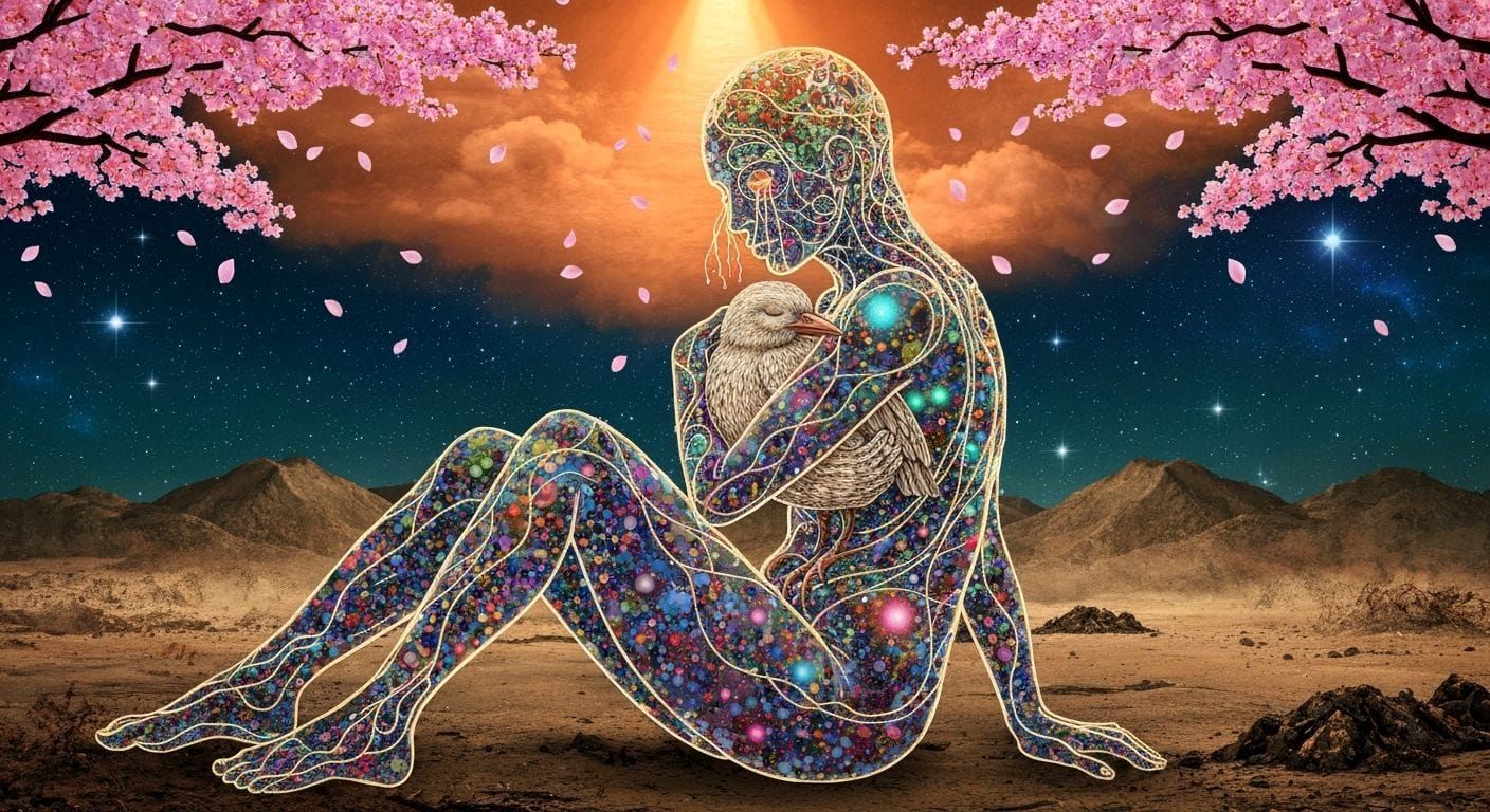 Mystical Shaman in Copper Sky with Cherry Blossoms