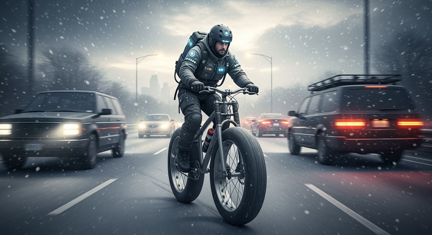 Hyperrealistic Fat Bike on Snowy Highway