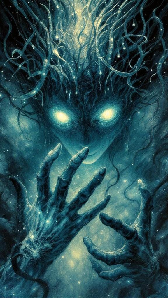 Eerie Sea Figure with Bioluminescent Hair