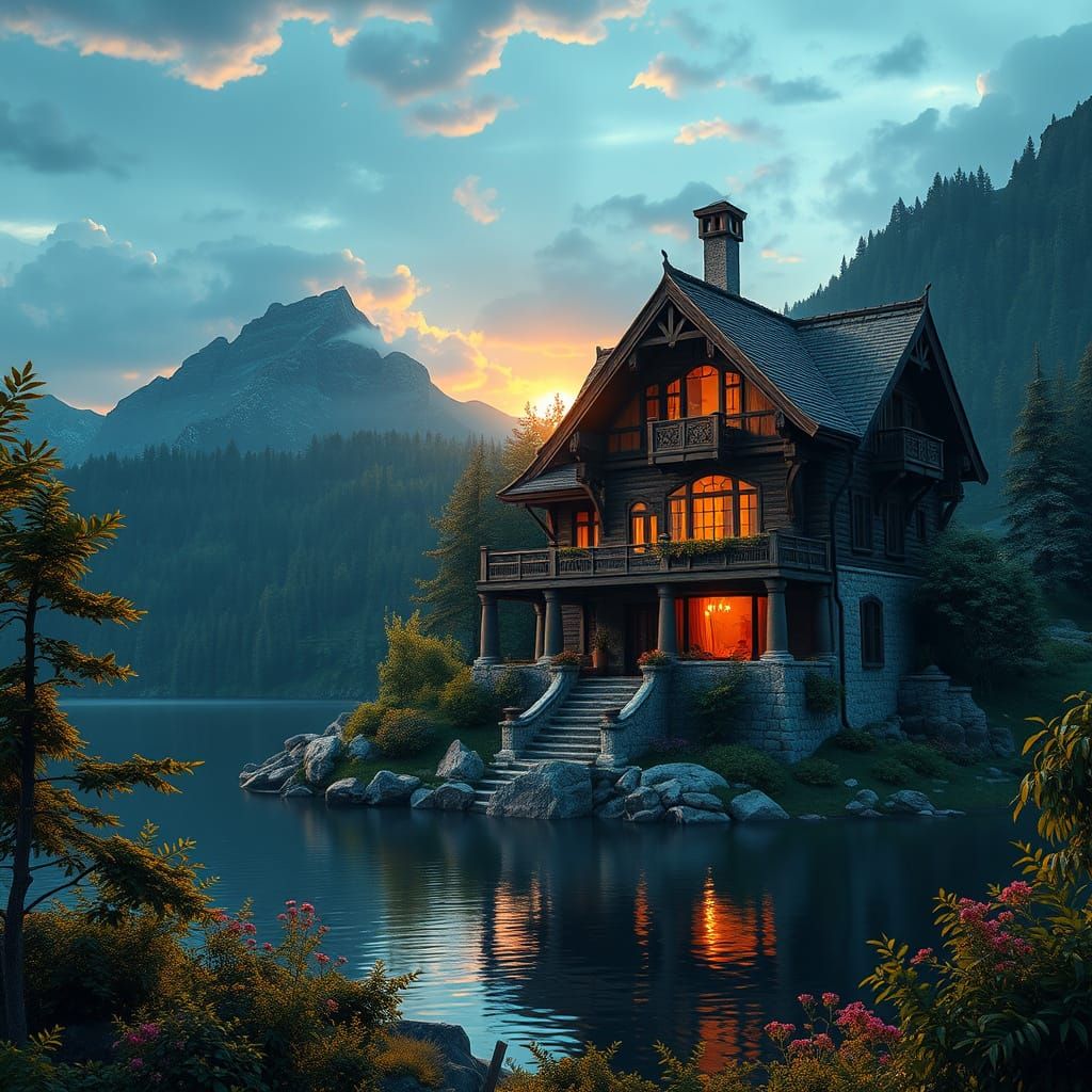 Cozy Mountain House Overlooking Serene Lake at Sunset