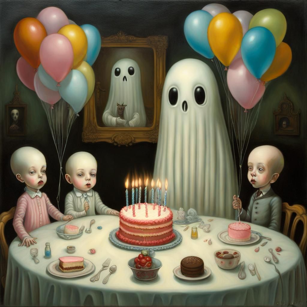 Ghostly Birthday Party in Pop Surrealist Style