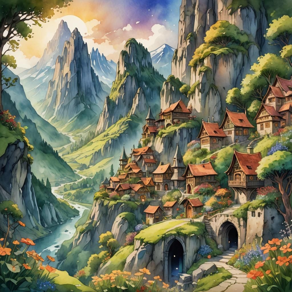 Fantasy Village at Mountain Foot in Art Nouveau Style