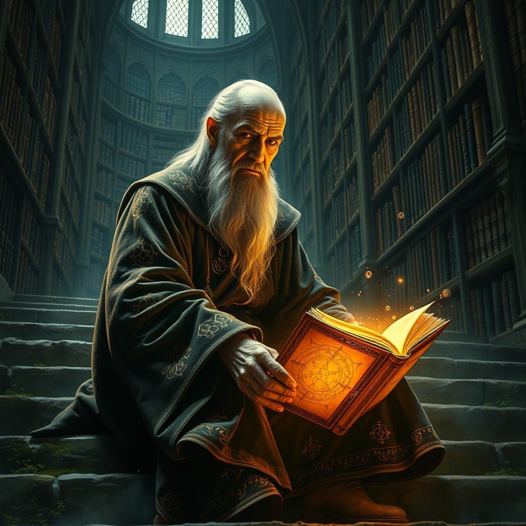 Solemn Wizard in Mysterious Library Sanctuary