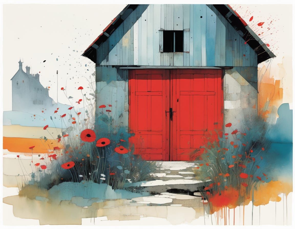 Charming Barn with Red Door in Complementary Colors