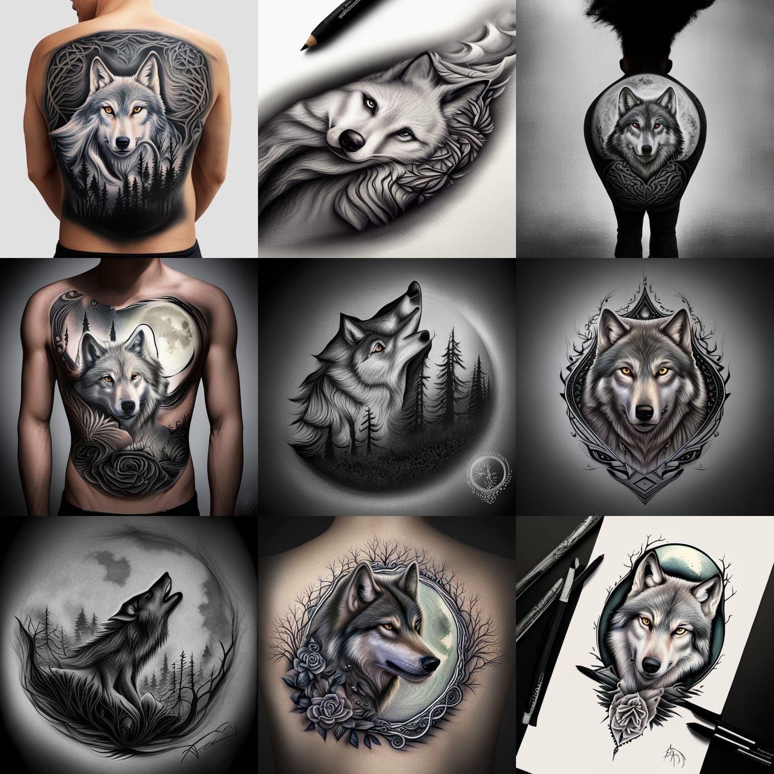 Lone Wolf Tribal Tattoo in Charcoal Drawing
