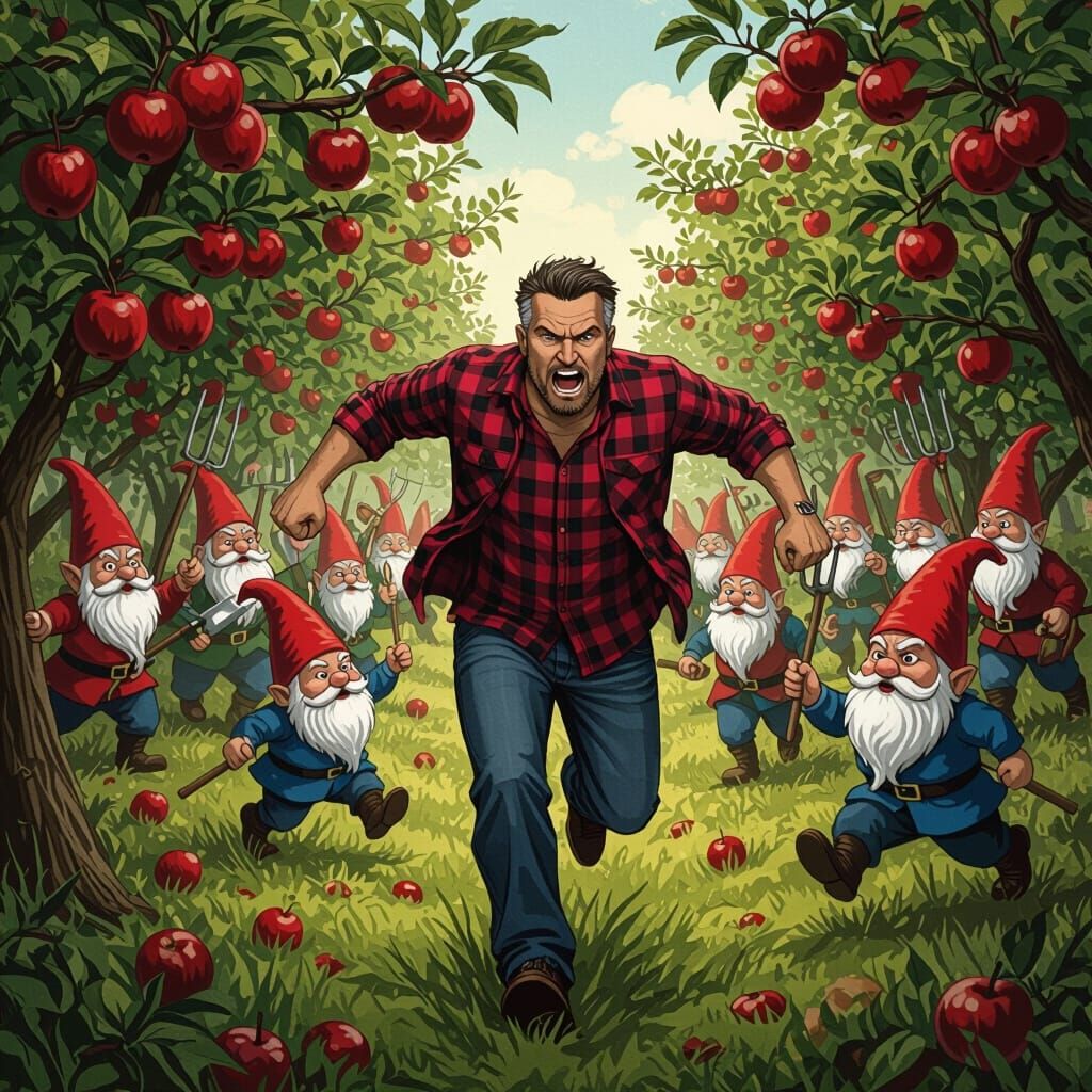Man Fleeing Gnome Mob in Apple Orchard: Whimsical Horror