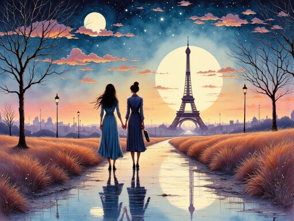Moonlit Paris Couple in Watercolor Style