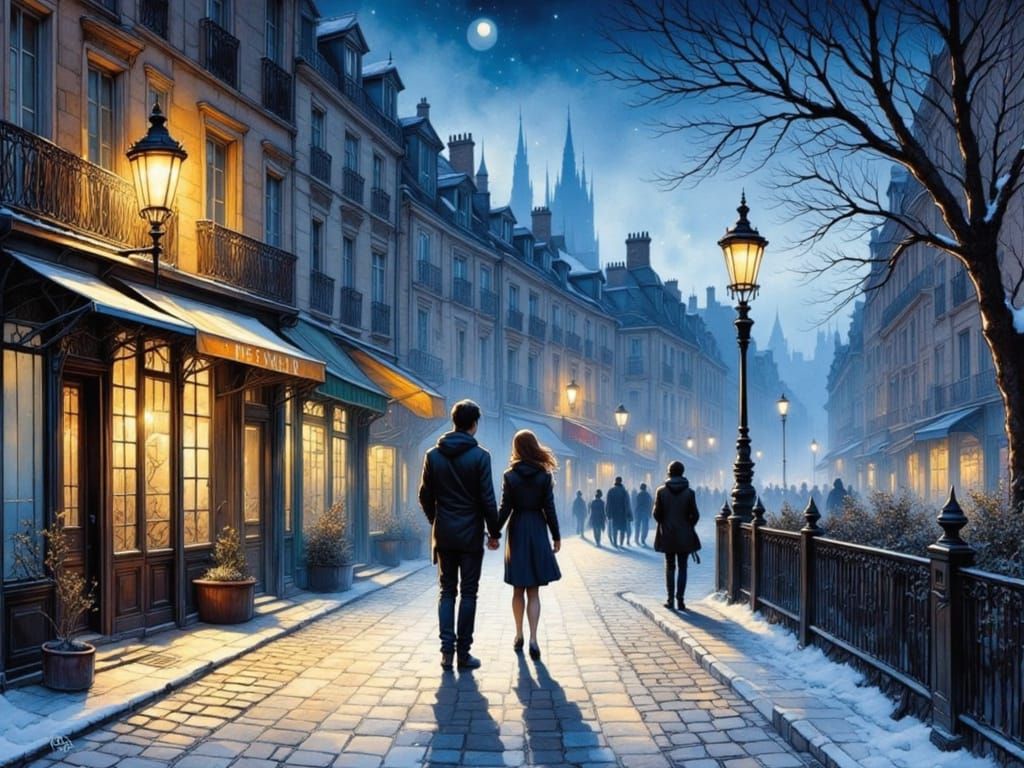 Moonlit Stroll in Paris in Painterly Style