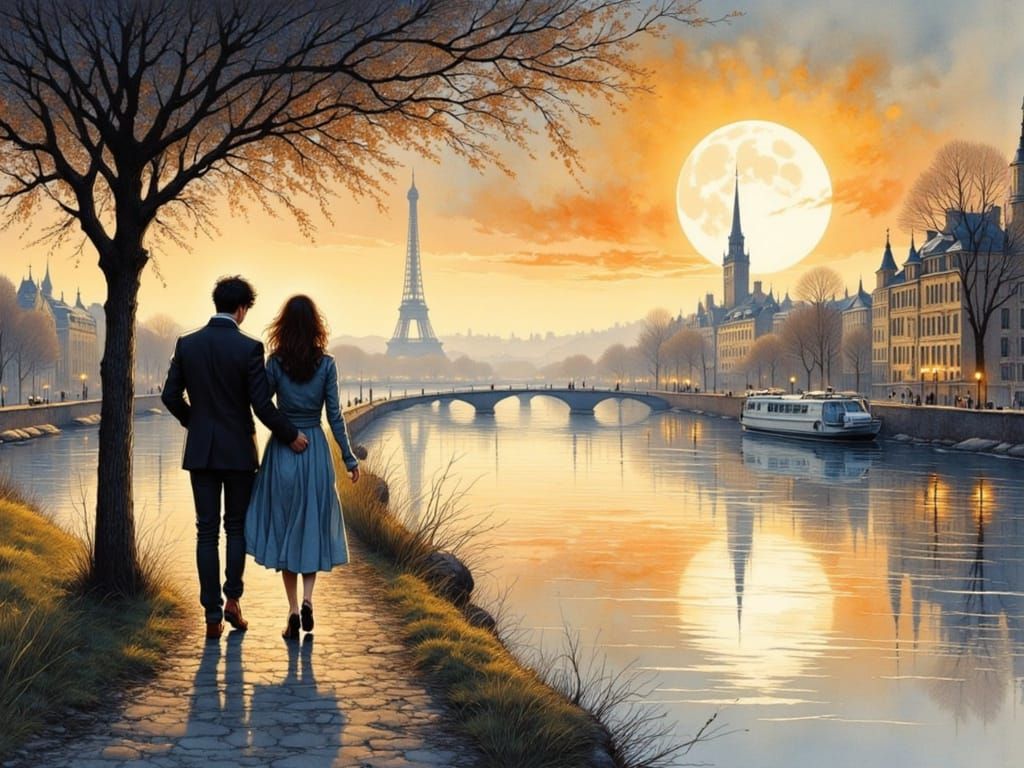 Dreamy Couple Strolling in Paris Moonlight