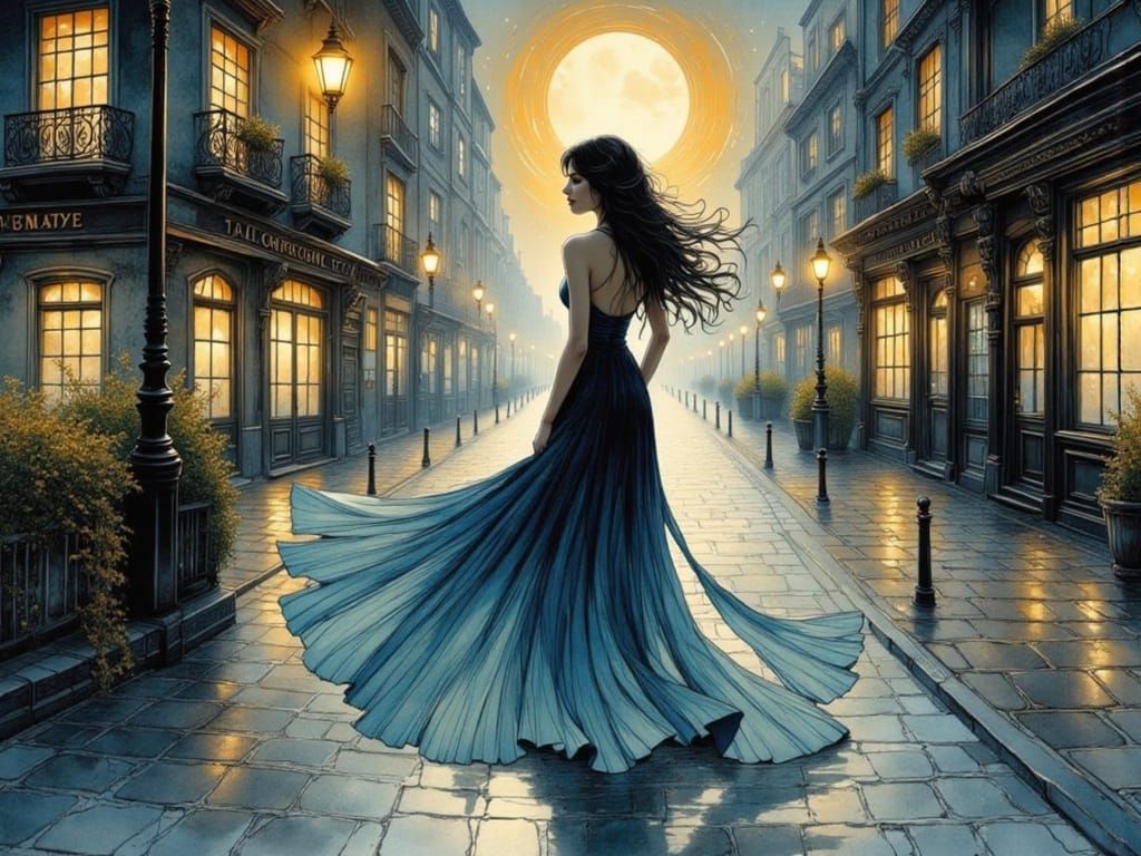 Dreamy Woman Drifting Through Moonlit Parisian Streets