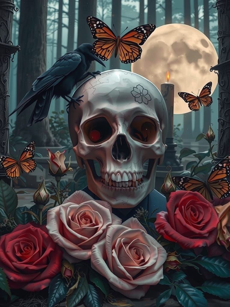 A worn, ornate coffin, its surface cracked and weathered, sits shrouded in a tangle of wilting, dark red roses, their pe...