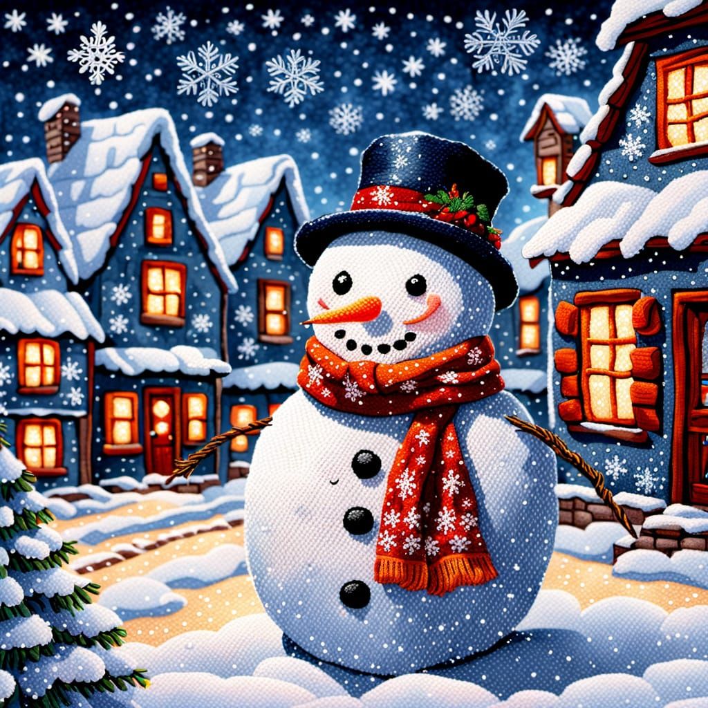 Snowman Embroidery Art in Folk Style