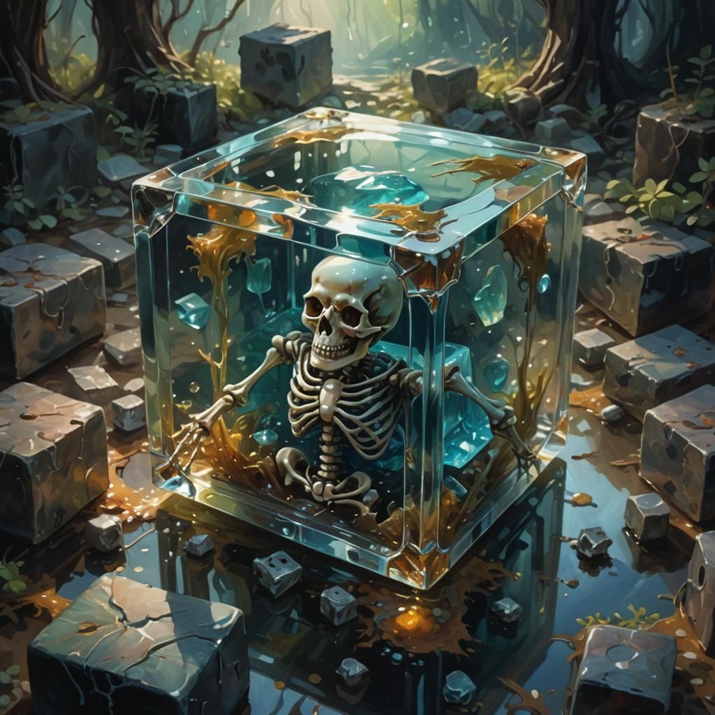 Gelatinous Cube with Skeleton: Gouache and Watercolor