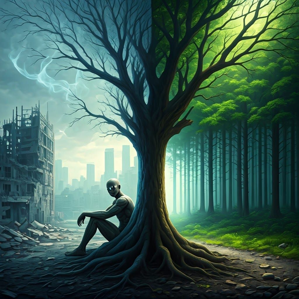 Synthetic Being in Dystopian Landscape, Digital Art