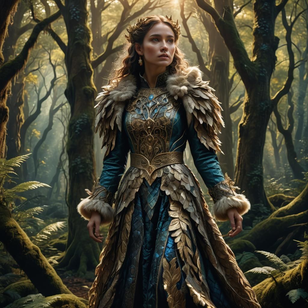 Woman in Sheepskin Dress in Mystical Forest
