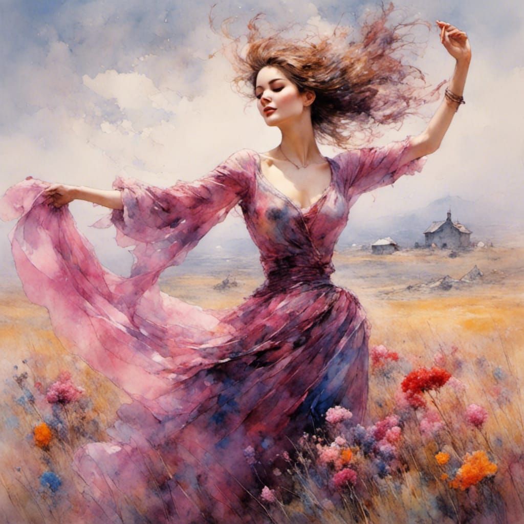Elegant Woman Dancing in Vibrant Flower Meadow