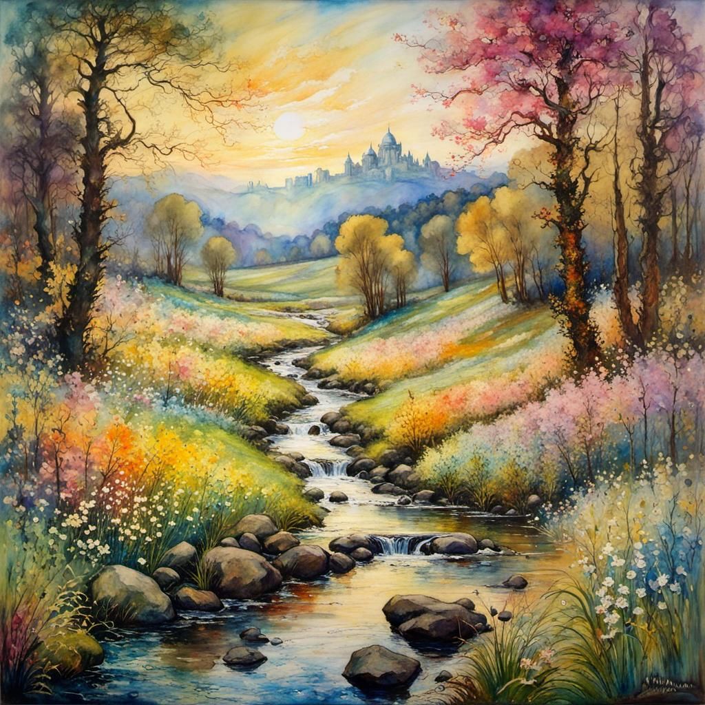 Encaustic Spring Landscape in Watercolour Style